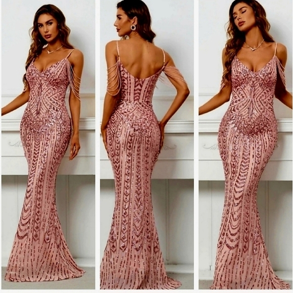 Pink, Cami, Backless,  Fringe Sleeves,  Contrast Sequined Mermaid Gown - Picture 1 of 16